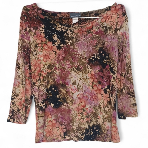 Brittany Black Tops - Women’s Y2K Floral Top XL Slinky Knit 3/4 Sleeve Scoop Neck Retro Boho Blouse